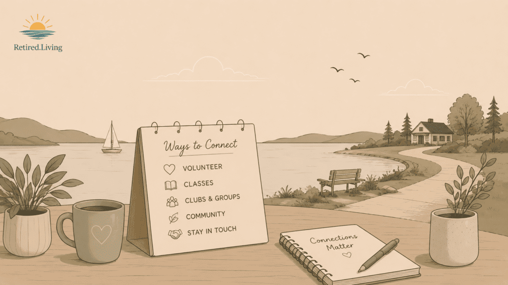 Minimalist retirement-themed illustration featuring a lakeside walking path, empty bench, coffee mug, and a tabletop planner listing ways to stay socially connected in retirement, with the Retired.Living logo in the upper left corner.