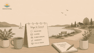 Minimalist retirement-themed illustration featuring a lakeside walking path, empty bench, coffee mug, and a tabletop planner listing ways to stay socially connected in retirement, with the Retired.Living logo in the upper left corner.