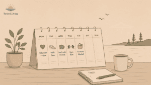 Minimalist illustration of a weekly retirement planner on a desk beside a coffee mug and plant, with recurring activities like walking, volunteering, gym visits, and lunch with friends, set against a calm lakeside background.
