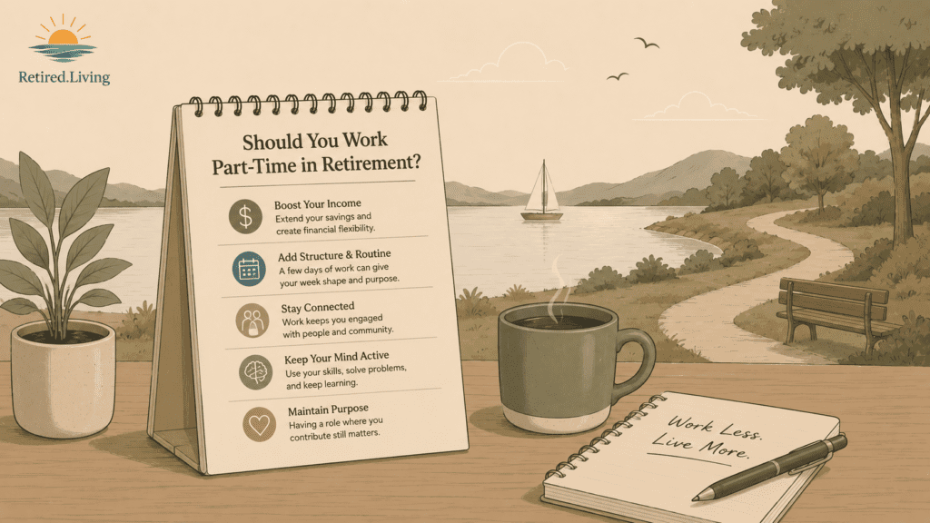 Minimalist retirement illustration featuring a tabletop planner about part-time work in retirement beside a coffee mug and notebook, overlooking a peaceful lakeside walking path and bench.
