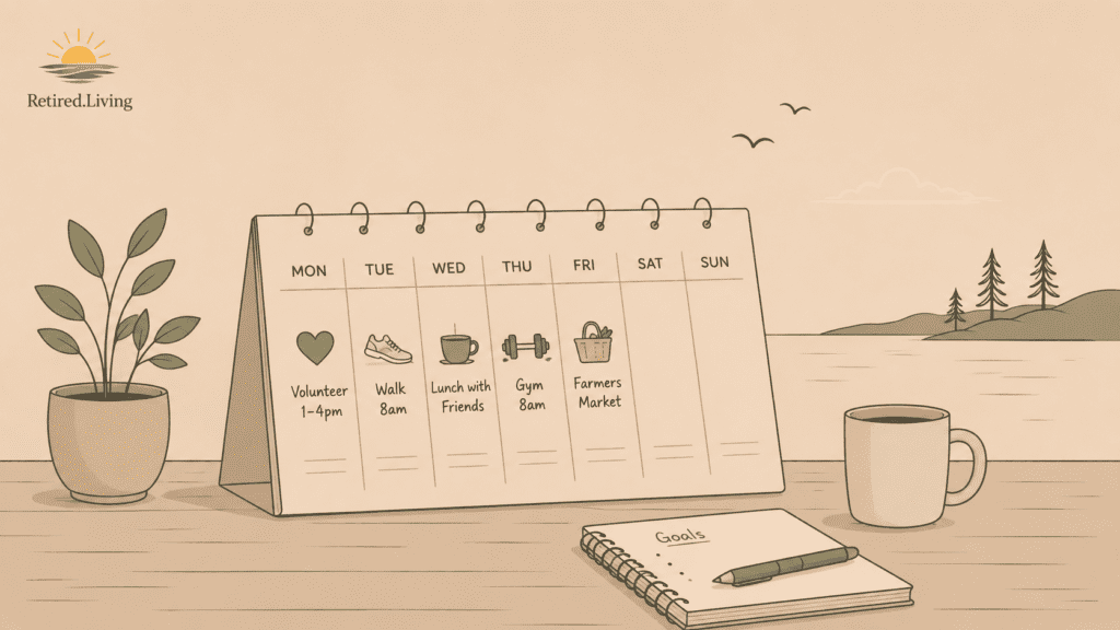 Minimalist illustration of a weekly retirement planner on a desk beside a coffee mug and plant, with recurring activities like walking, volunteering, gym visits, and lunch with friends, set against a calm lakeside background.